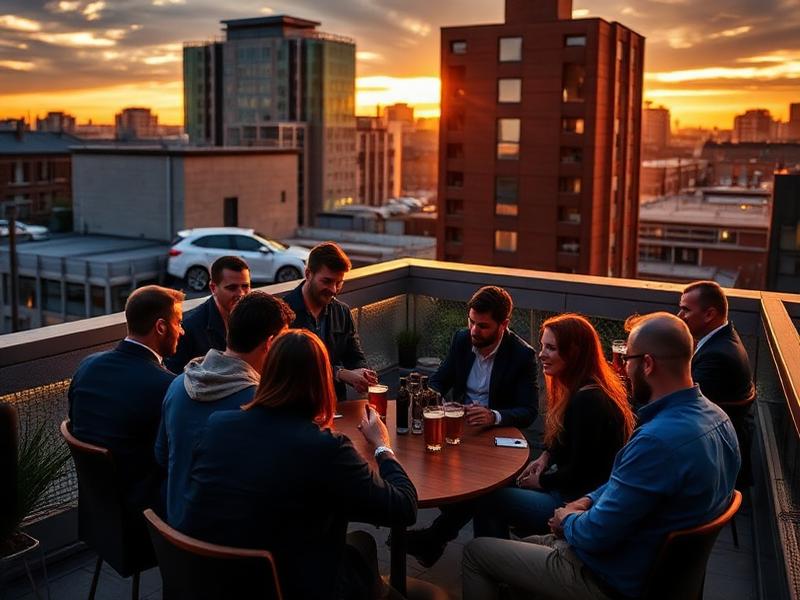 Groupes d'entrepreneurs en discussion animée lors d'un afterwork Lille sur la terrasse Mesa rooftop Lille événement networking