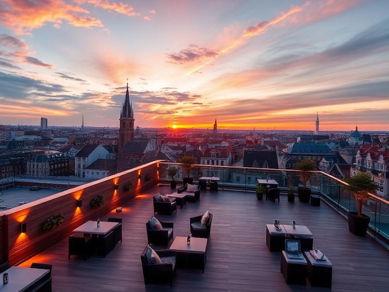 Panorama urbain depuis la terrasse Mesa rooftop Lille avec vue dégagée sur les toits lors d'un afterwork Lille au coucher de soleil