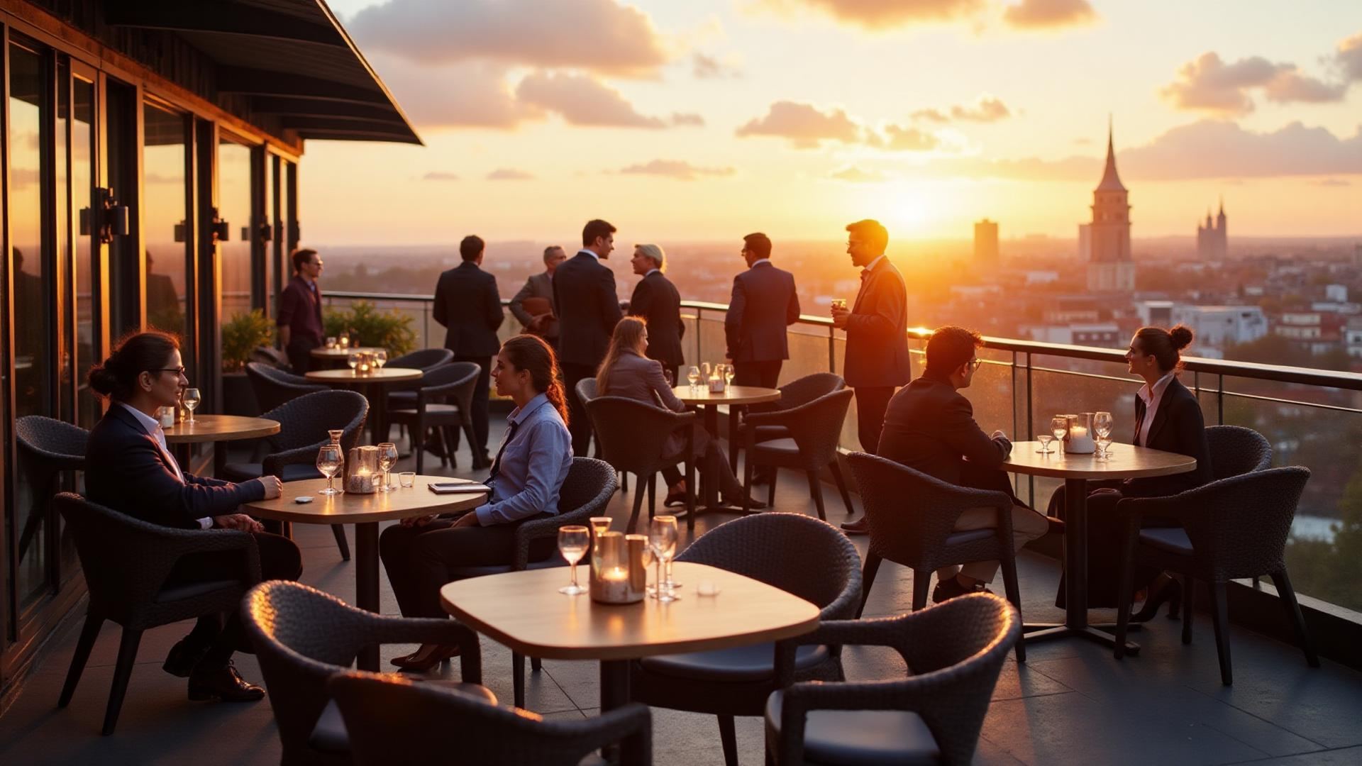 Terrasse rooftop moderne avec mobilier élégant et vue panoramique sur la métropole lilloise en fin de journée