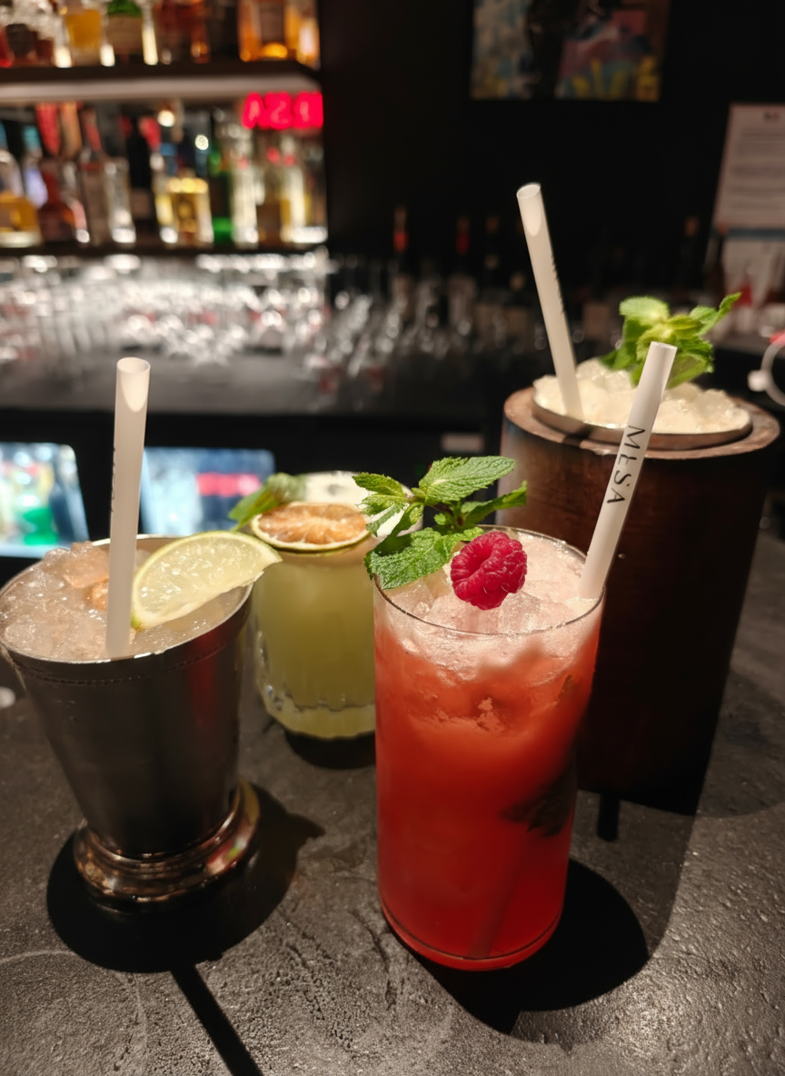 Cocktails artisanaux servis au bar Mesa rooftop Lille pour afterwork business club avec fruits frais et présentation soignée gastronomique