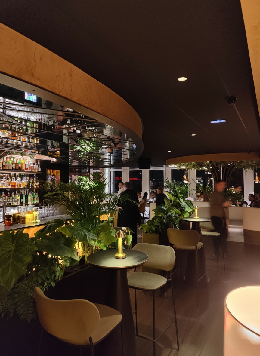 Intérieur business club Lille Mesa rooftop avec décoration végétale, mobilier design et bar central pour réseautage entrepreneurs afterwork