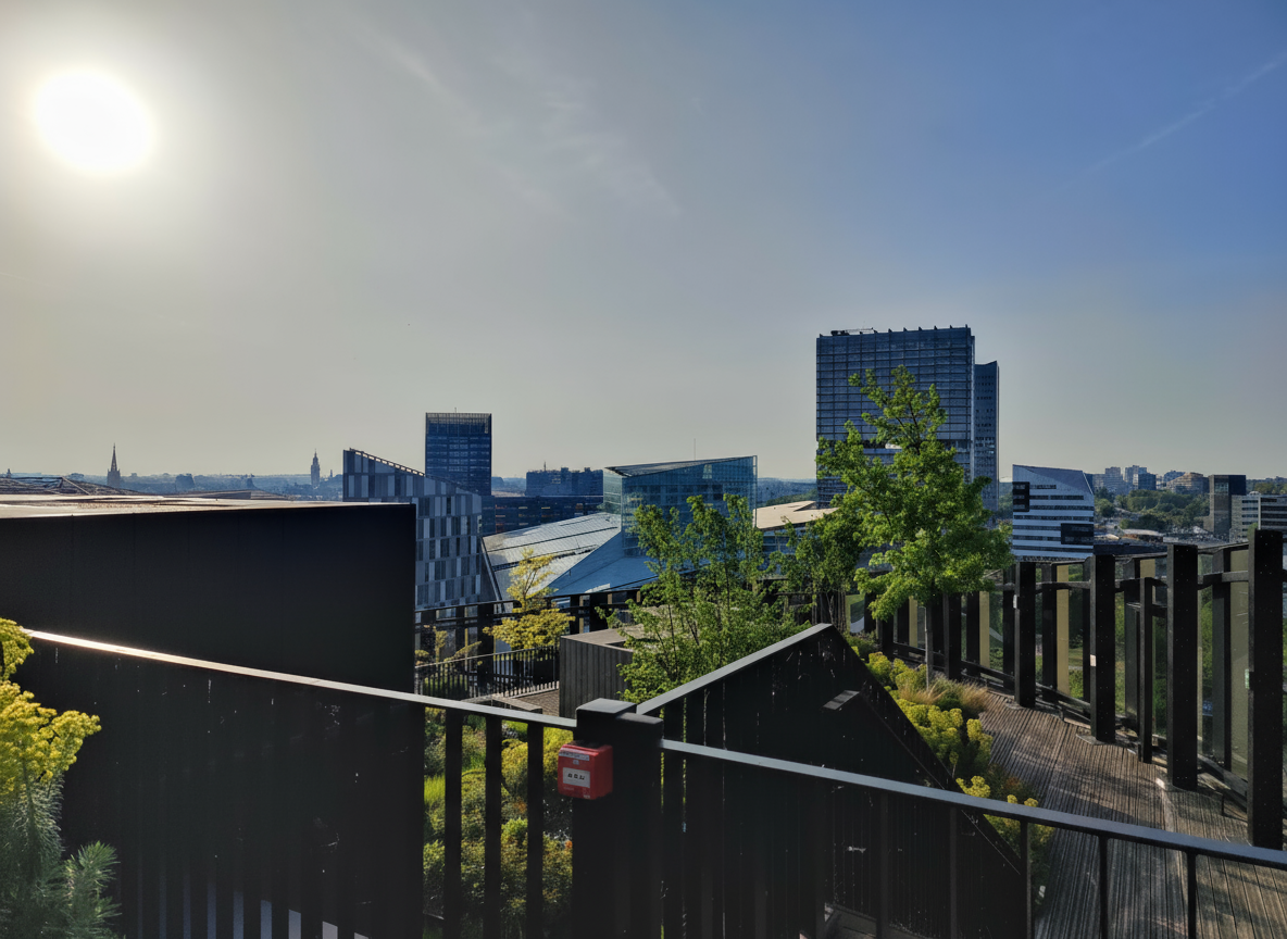 Vue panoramique de jour depuis la terrasse rooftop Mesa Lille avec vue dégagée sur le quartier d'affaires Euralille et le centre-ville lors d'un afterwork