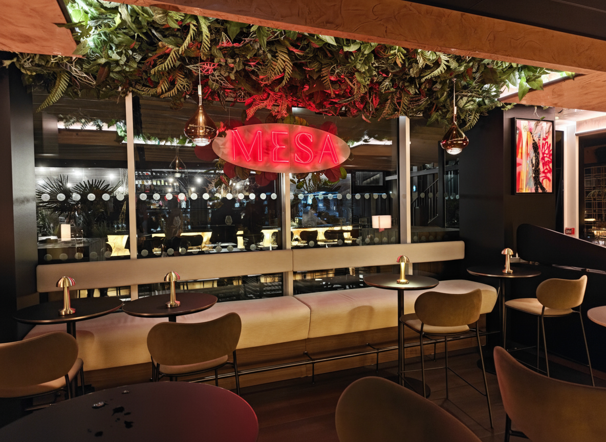 Intérieur design du Mesa rooftop Lille avec néon Mesa, décoration végétale luxuriante et mobilier moderne pour afterwork convivial entrepreneurs